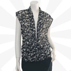 H&M Black V Neck Short Sleeve Blouse Size S Polyester Wrap Gathered Sheer